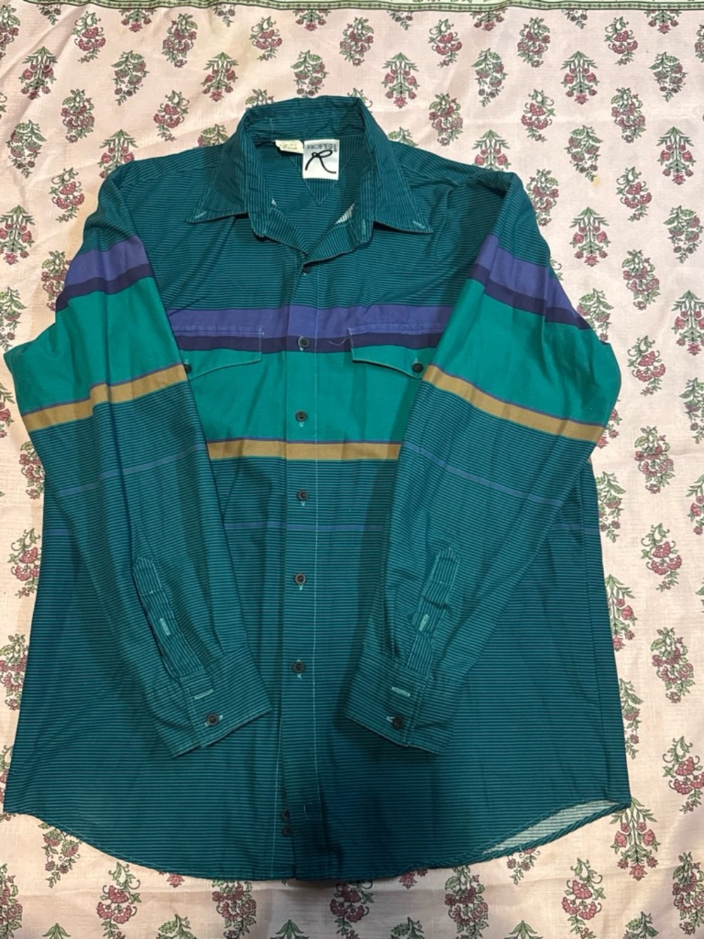 Roper Teal Button-Down Shirt with Purple and Gold Stripes
